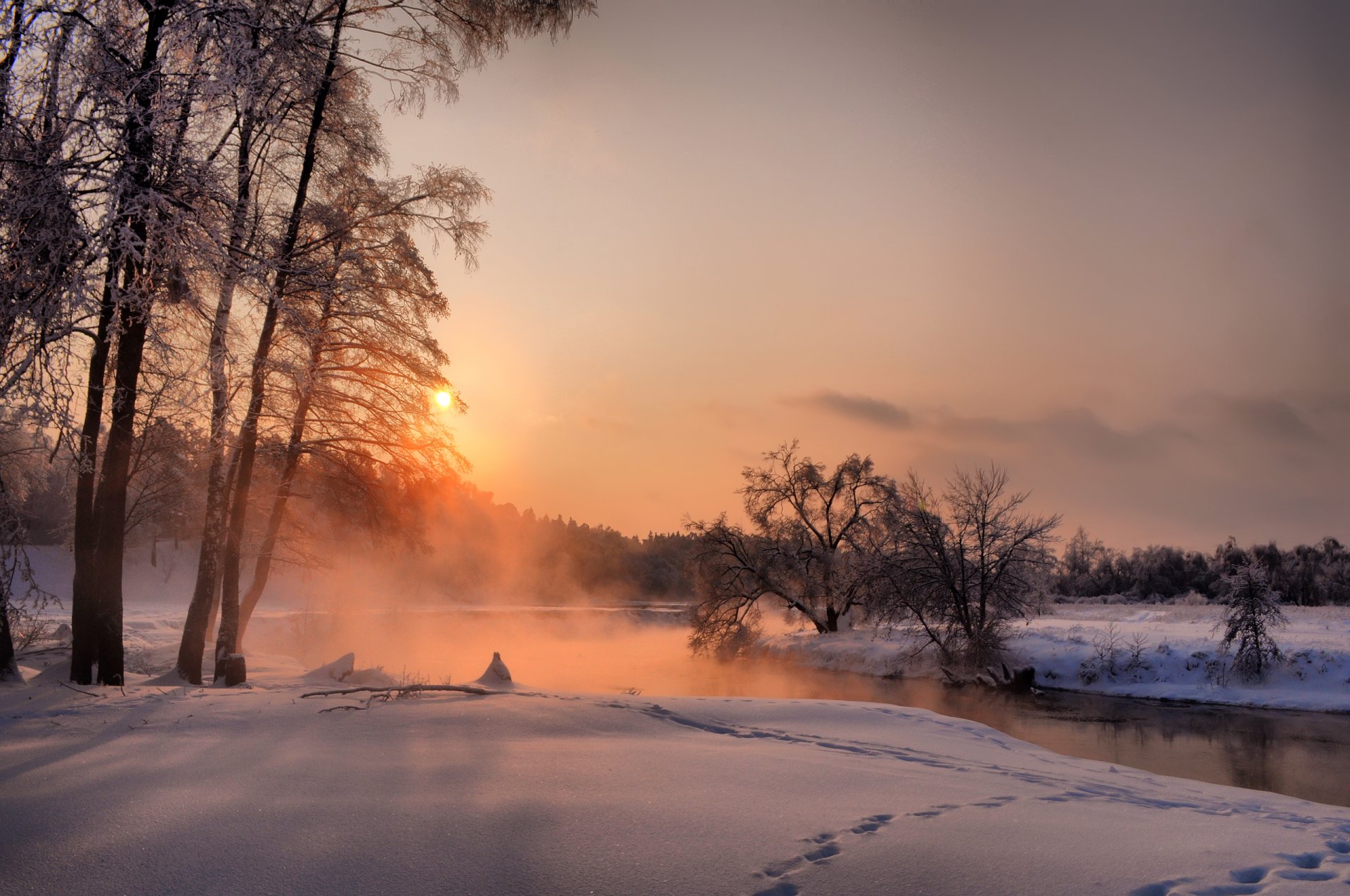 sera dicembre alberi tramonto inverno foresta malahovka cielo paesaggio fiume neve sole silenzio nebbia