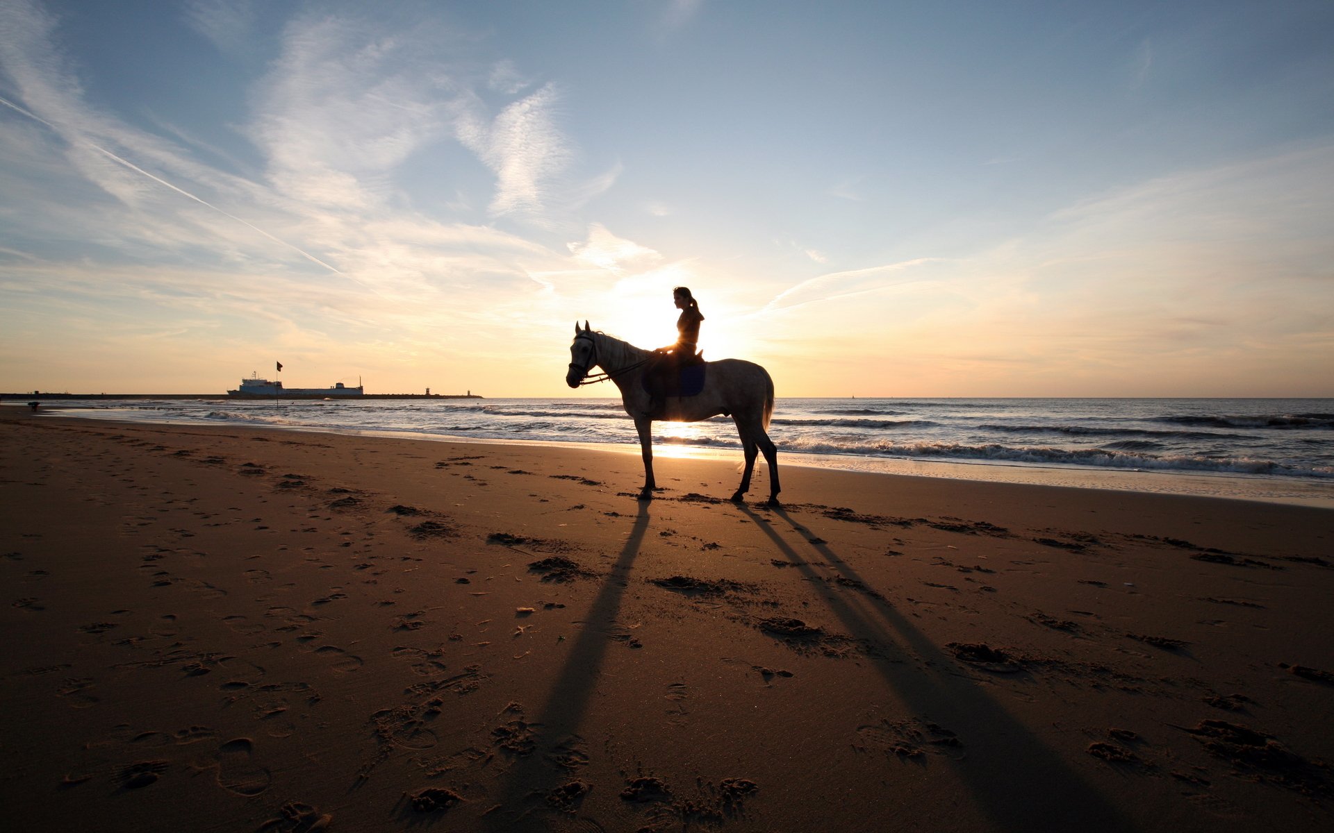 côte plage sable traces côte cheval fille mer navire horizon ciel