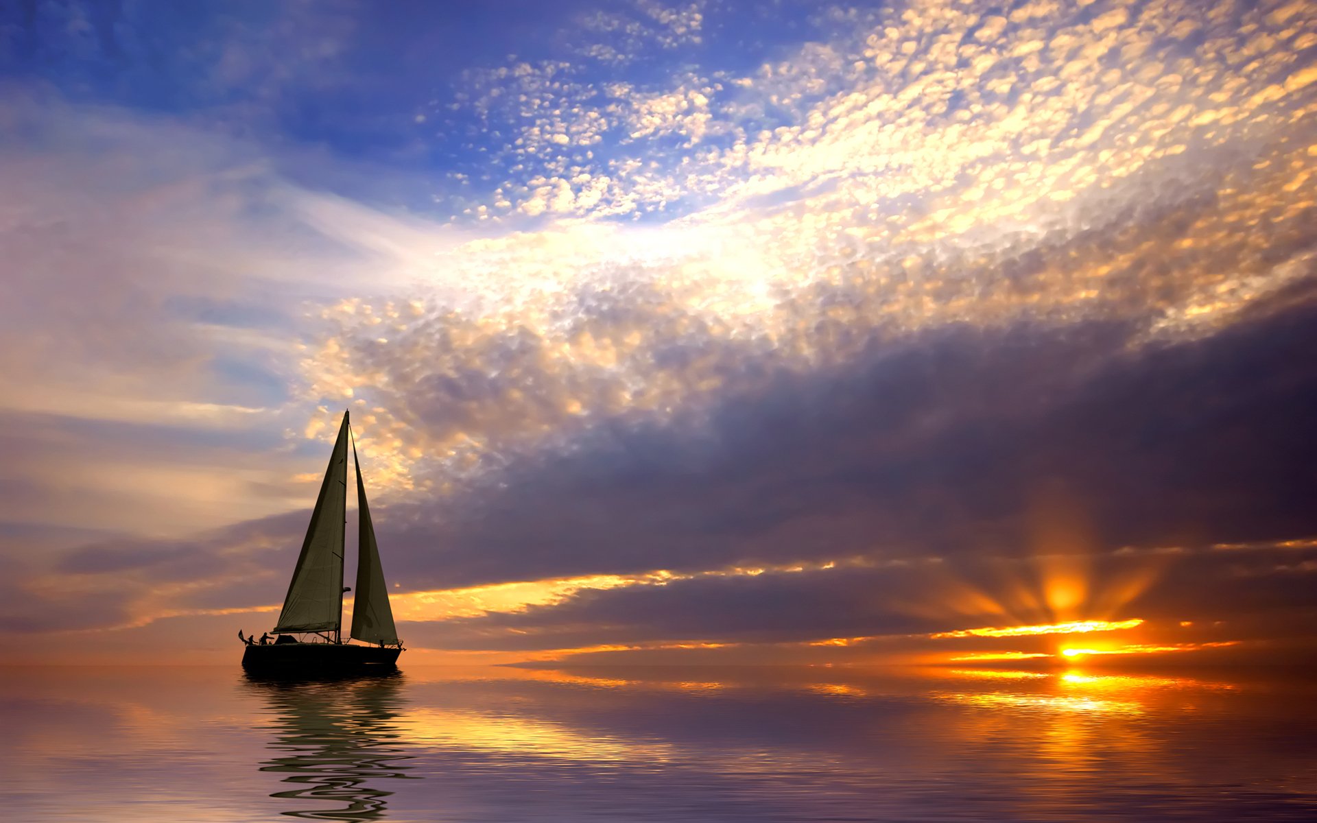bateau voilier coucher de soleil nuages ciel mer océan