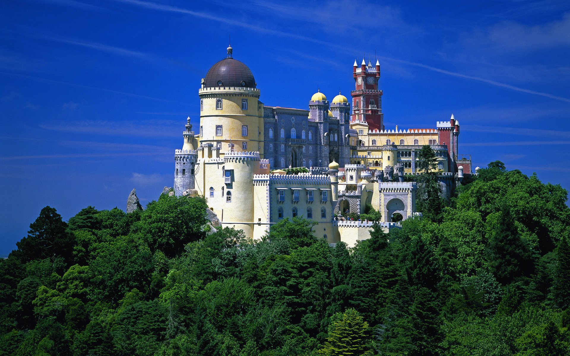 bellissimo palazzo palacio da pena portogallo palazzo nazionale di pena castello cupole torri natura alberi cielo