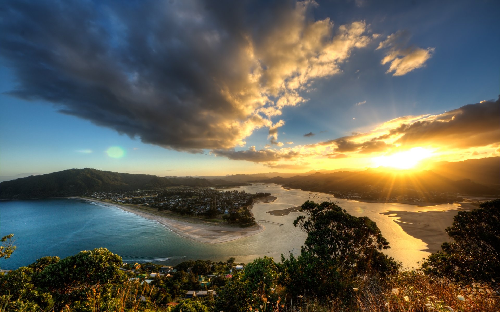 neuseeland abend sonne strahlen sonnenuntergang höhe ansicht panorama