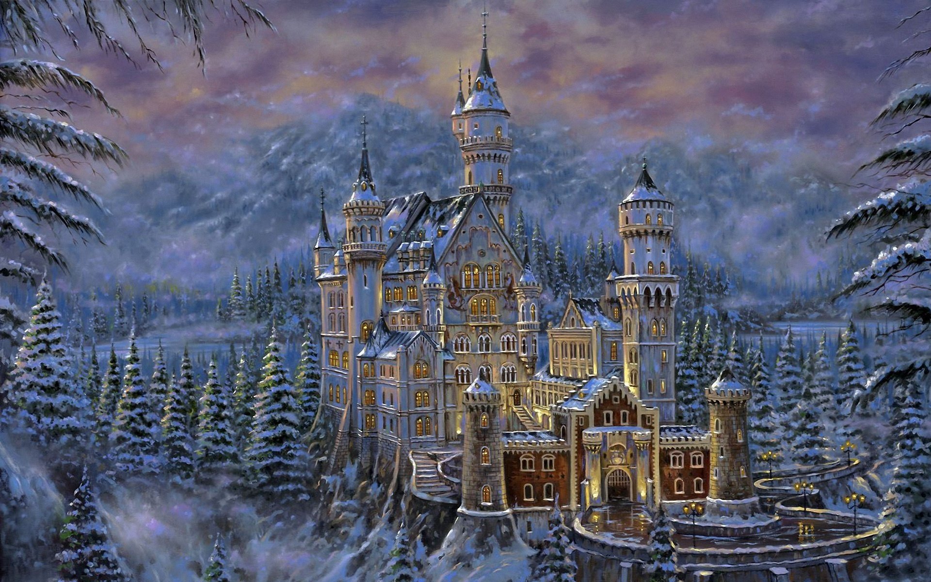 robert final dessin château montagnes arbres de noël