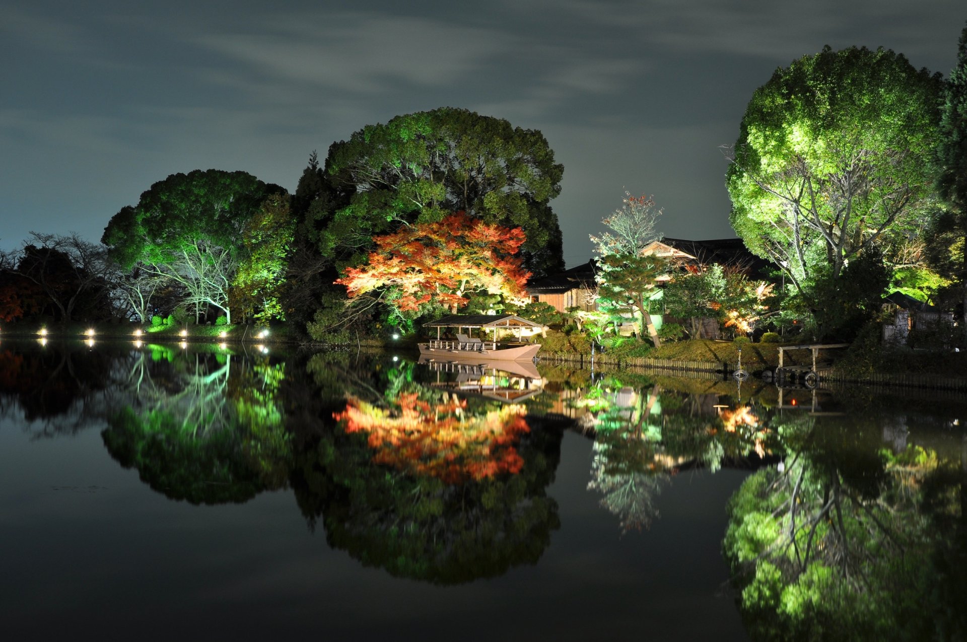 japan autumn tree house boat reflection river