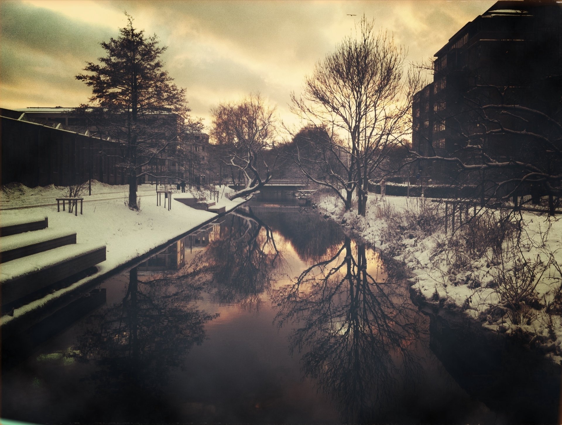 città neve acqua ponte case alberi grigiore sera