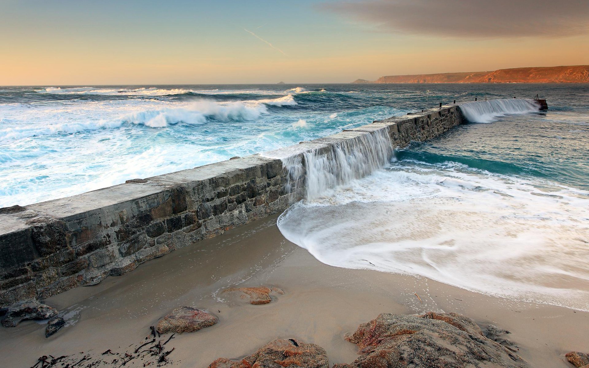 landscape nature water sea ocean wave waves mole dam dikes fences sky