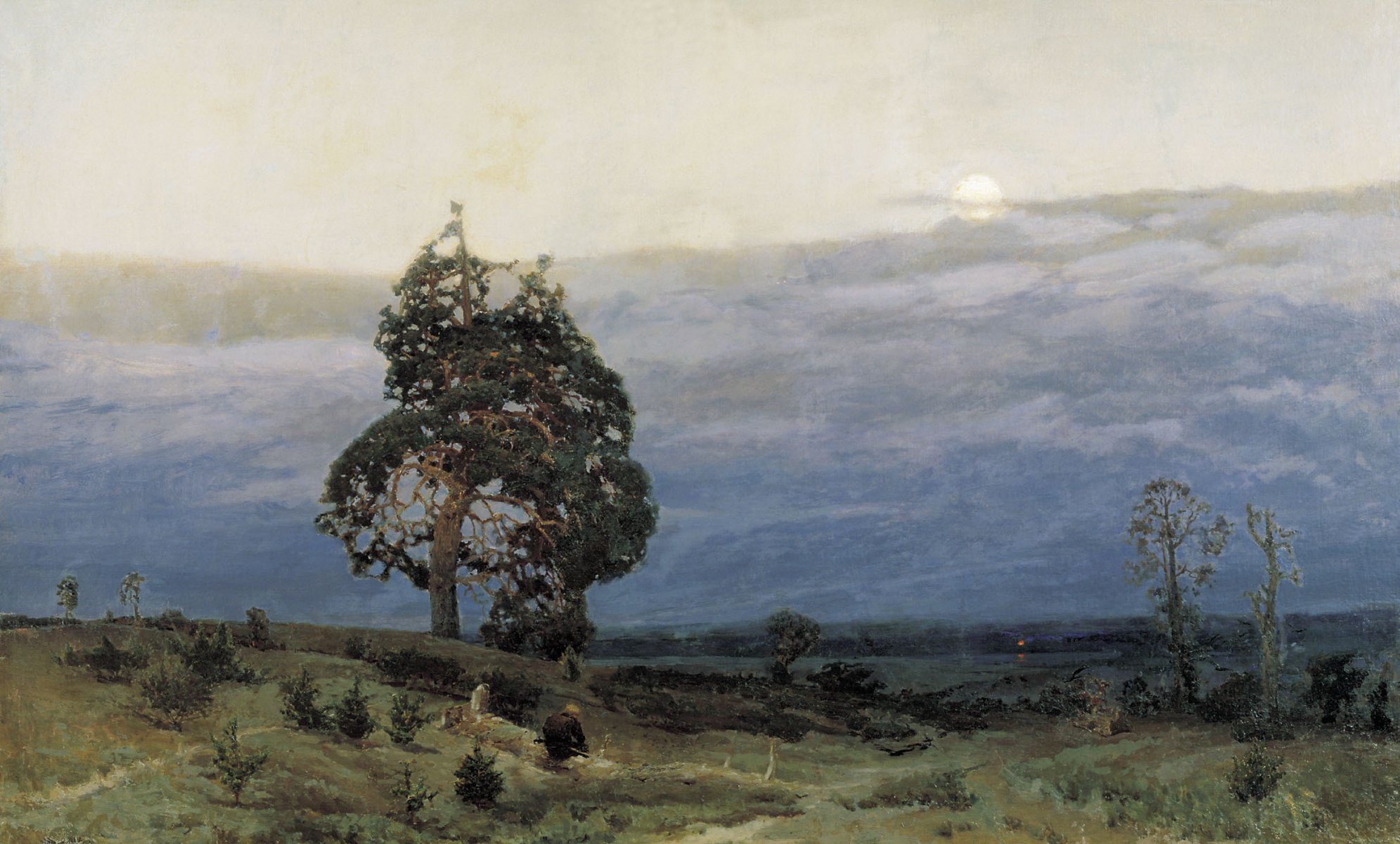 pittura vasnetsov crepuscolo paesaggio alberi sera uomo nuvole