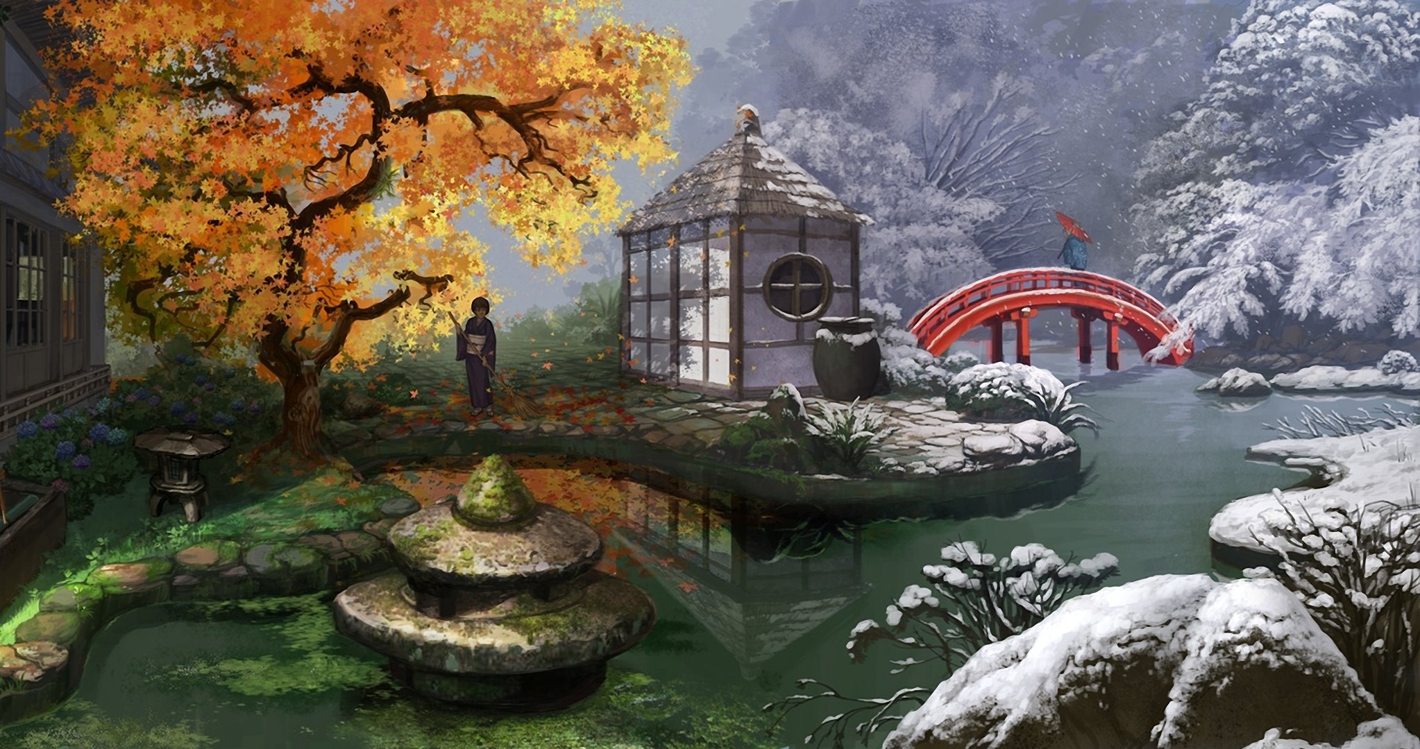 art mugon girls autumn winter bridge snow umbrella leaves asia pond kimono seasons flower hydrangea