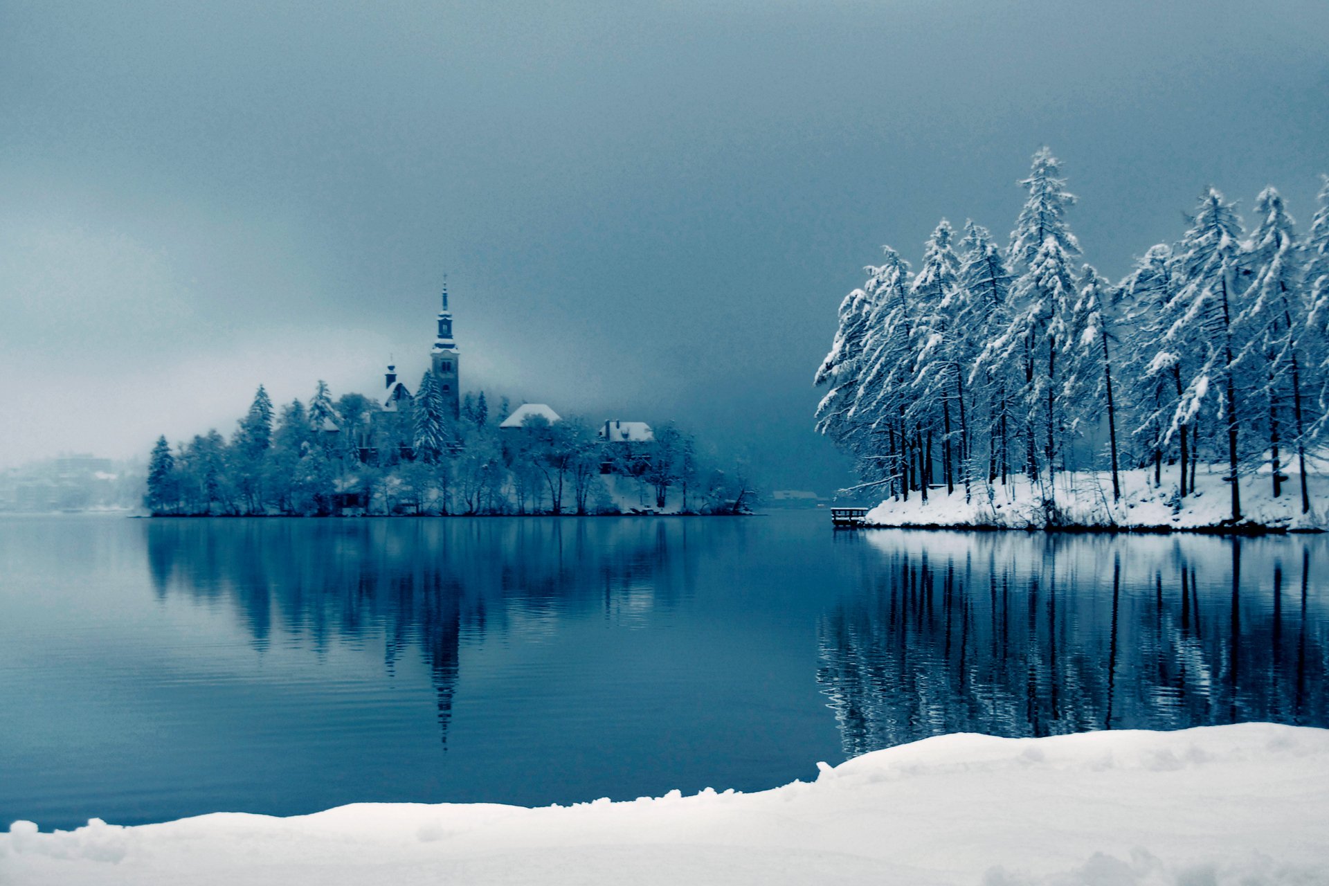 winter cathedral on the island lake snow