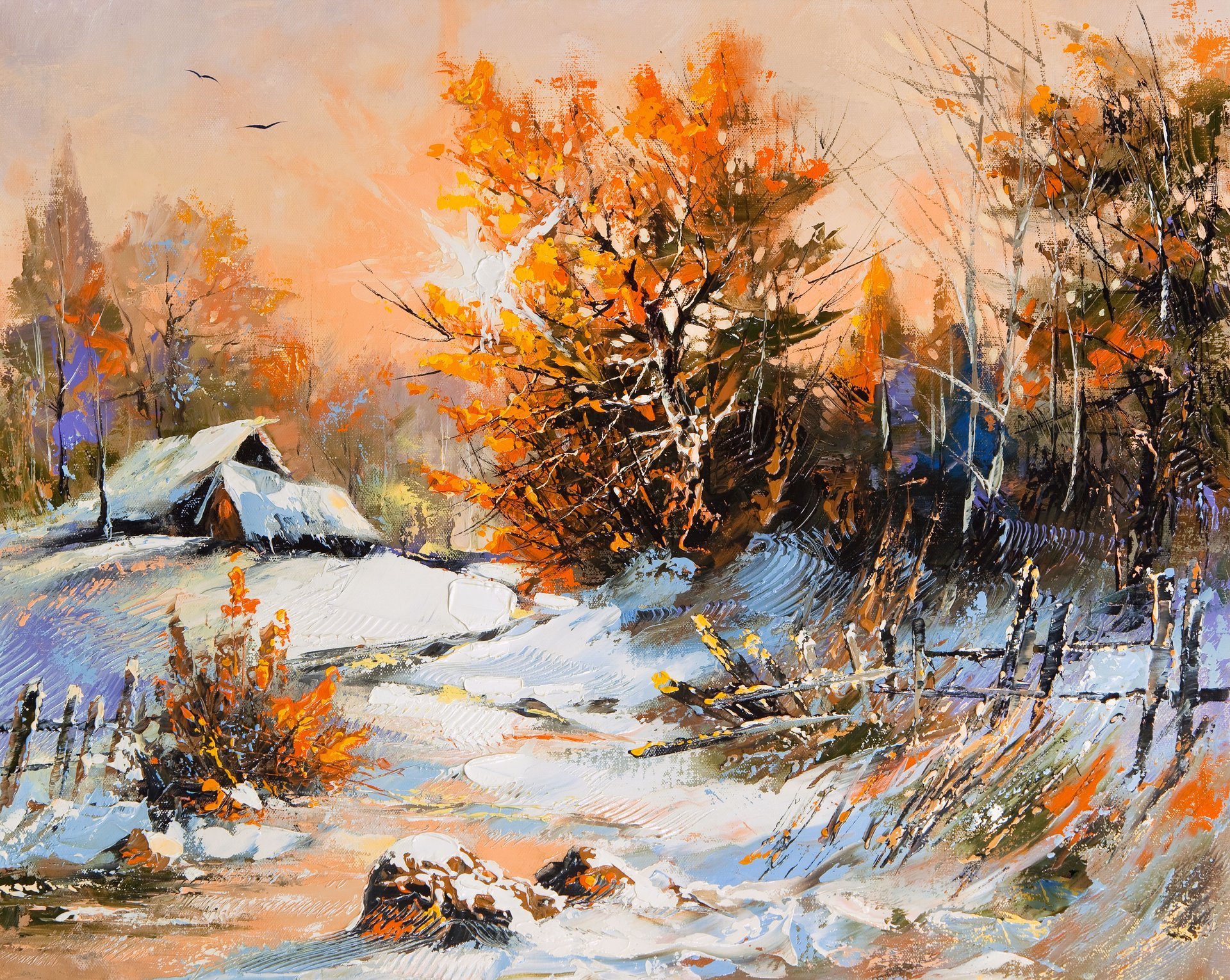 perfekt winterszene landschaft häuser dorf schnee winter bäume laub orange malerei farben