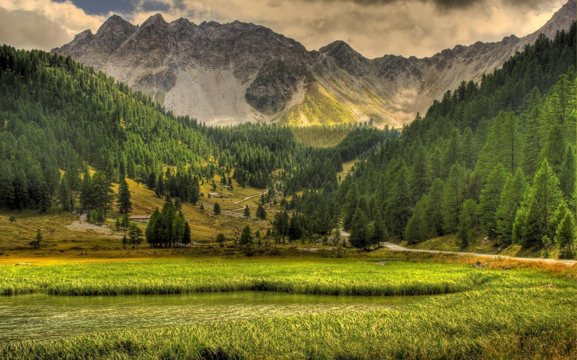 natura paesaggio montagne alberi lago erba cielo nuvole strade