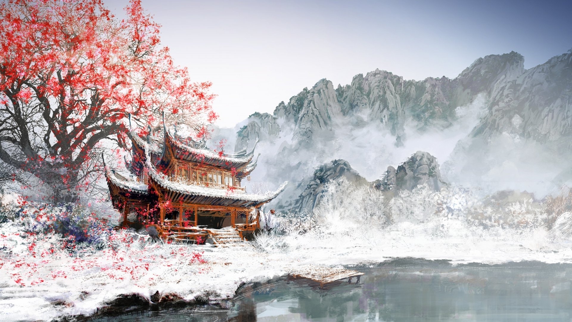 asien gebäude berge schnee muster see steg baum blätter nebel