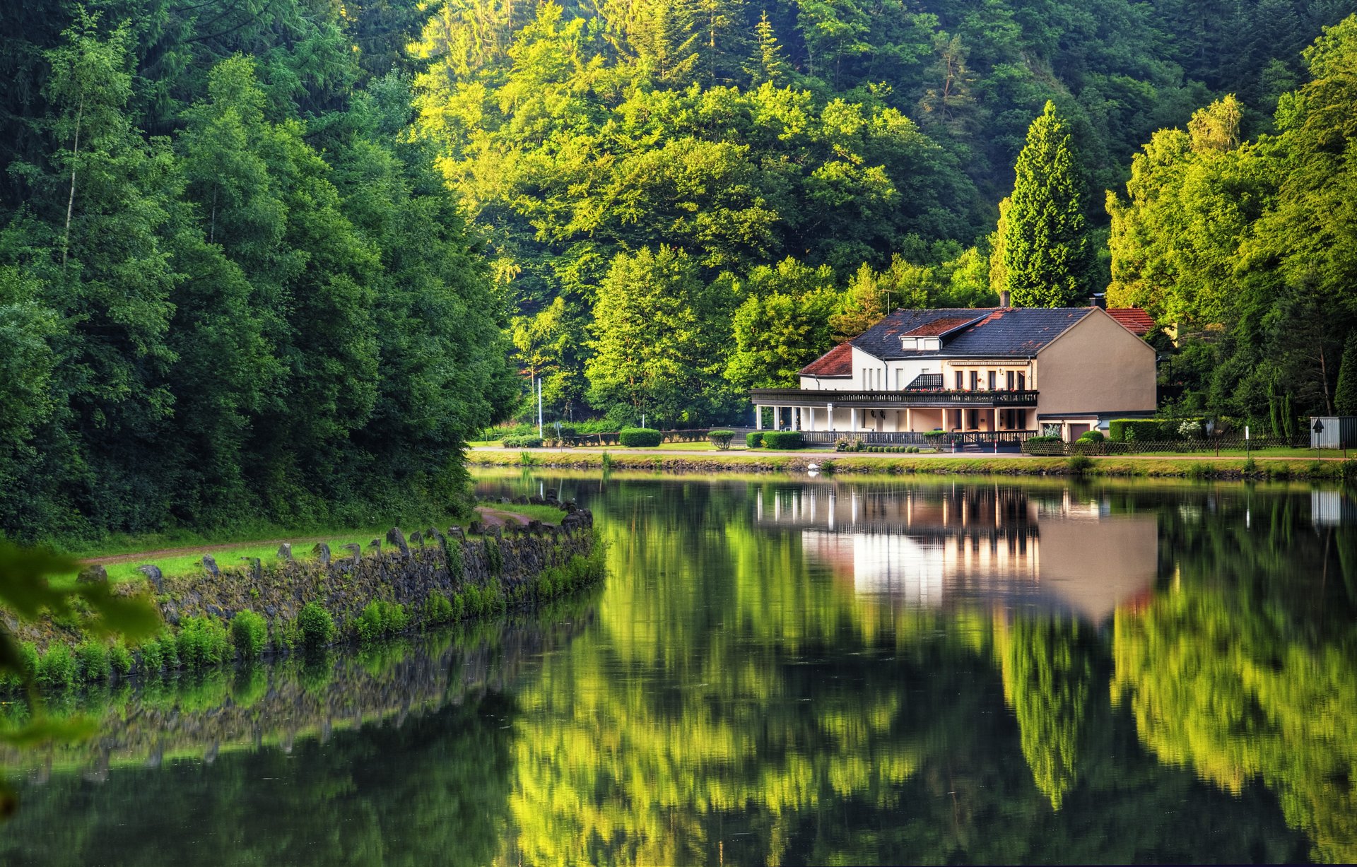 germania fiume riflessione natura alberi casa estate