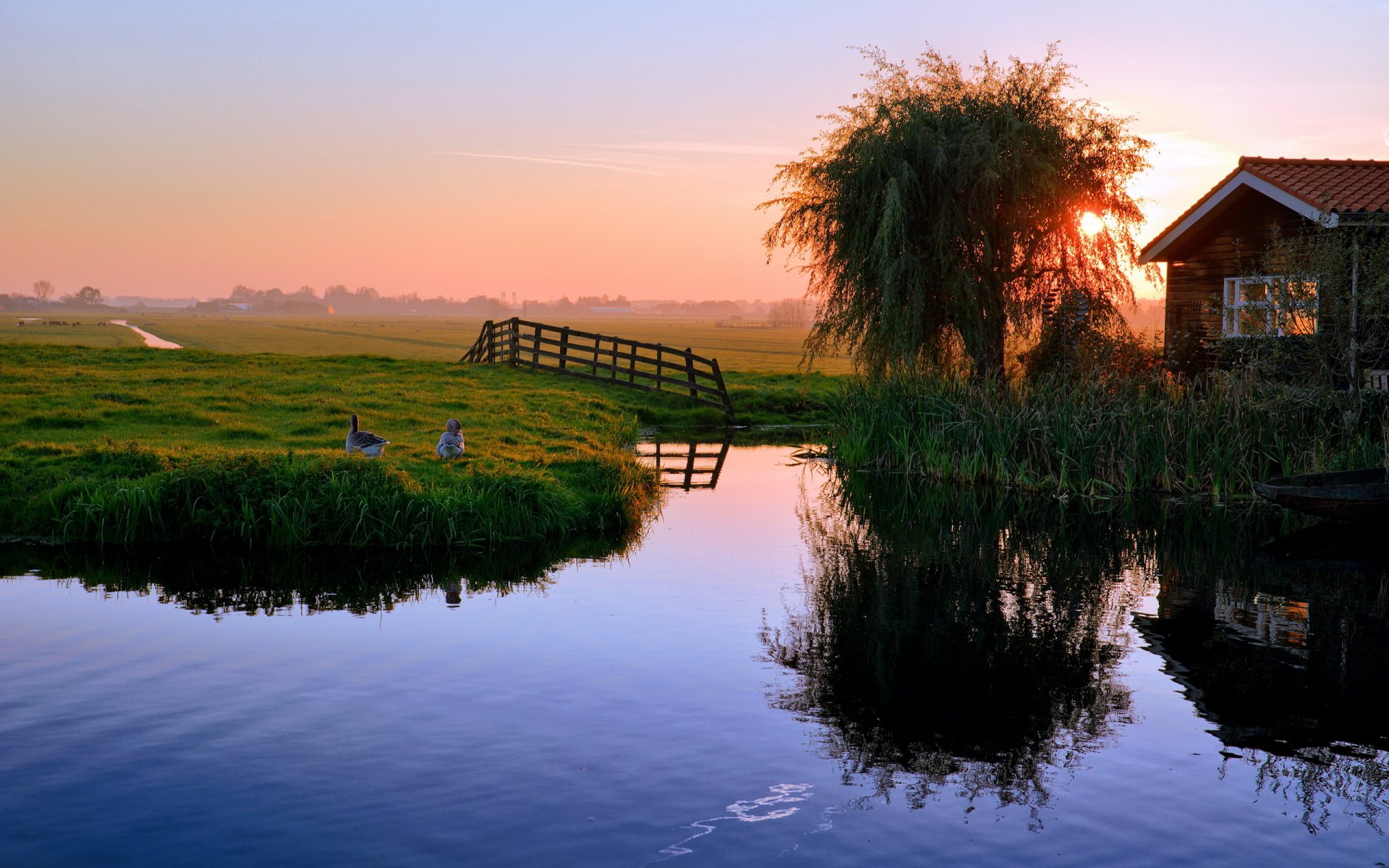 pond house sunset