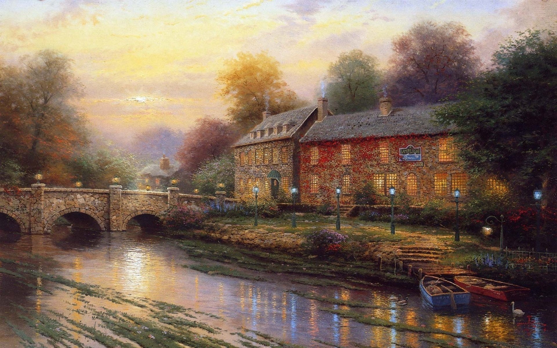 thomas kinkade house bridge boat lamps river