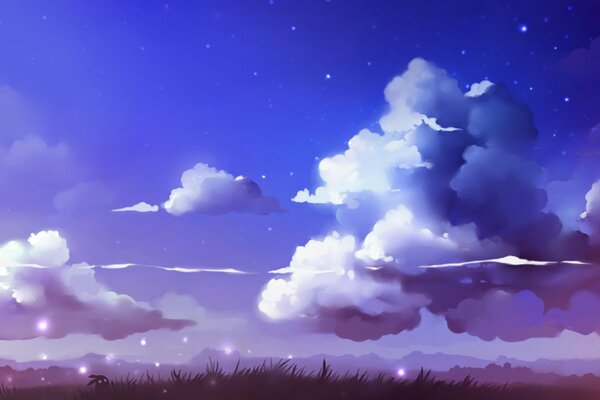 Illustration of a horizon with clouds, a field and fireflies