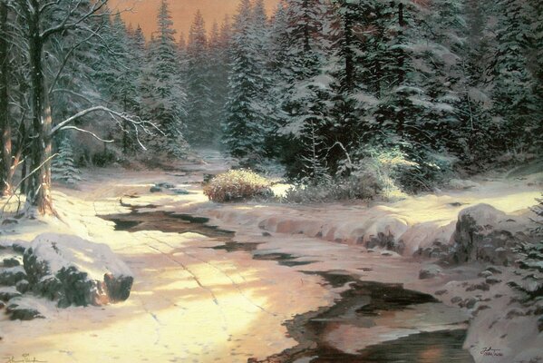 A river in the winter forest. Winter. Ate in the snow