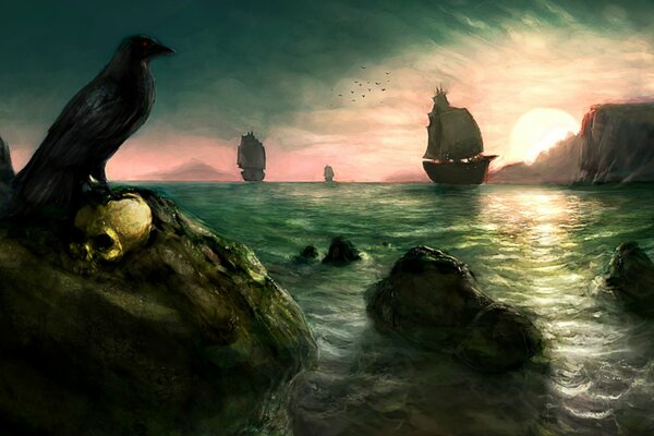 A raven on a rock and a sailboat in the sea