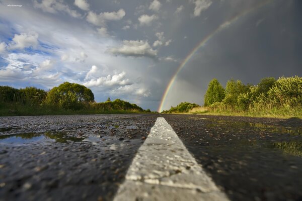 Wet asphalt and rainbow after rain