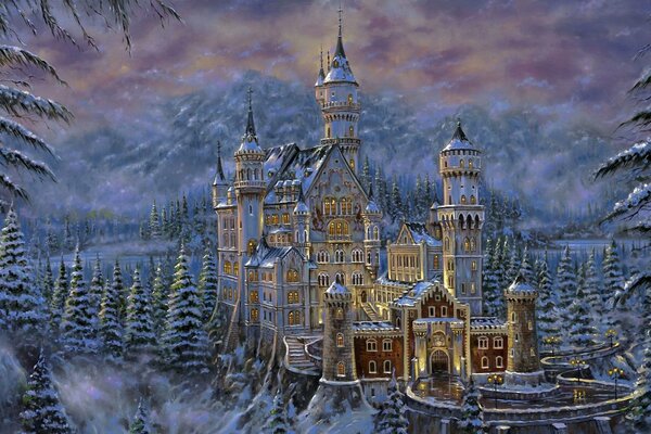 Robent Finale, drawing. A gloomy castle standing in a winter forest, against the background of the night sky