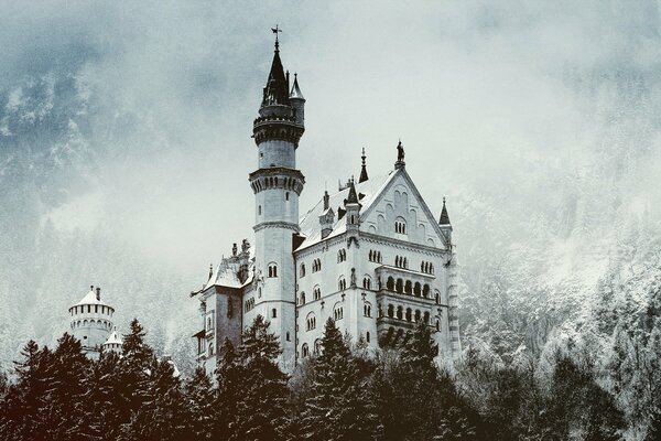 An ancient castle in a snow-covered forest