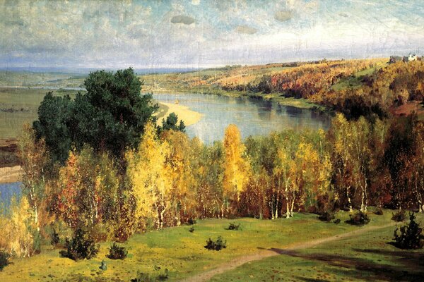 Disegno dell autunno dorato e del fiume triste