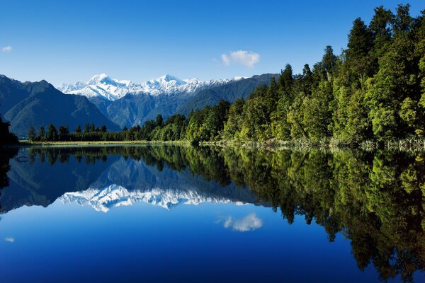 Schöne Reflexion von Bäumen und Bergen im Wasser