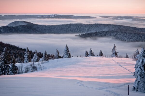 Puesta de sol rosa sobre el panorama de la montaña en invierno