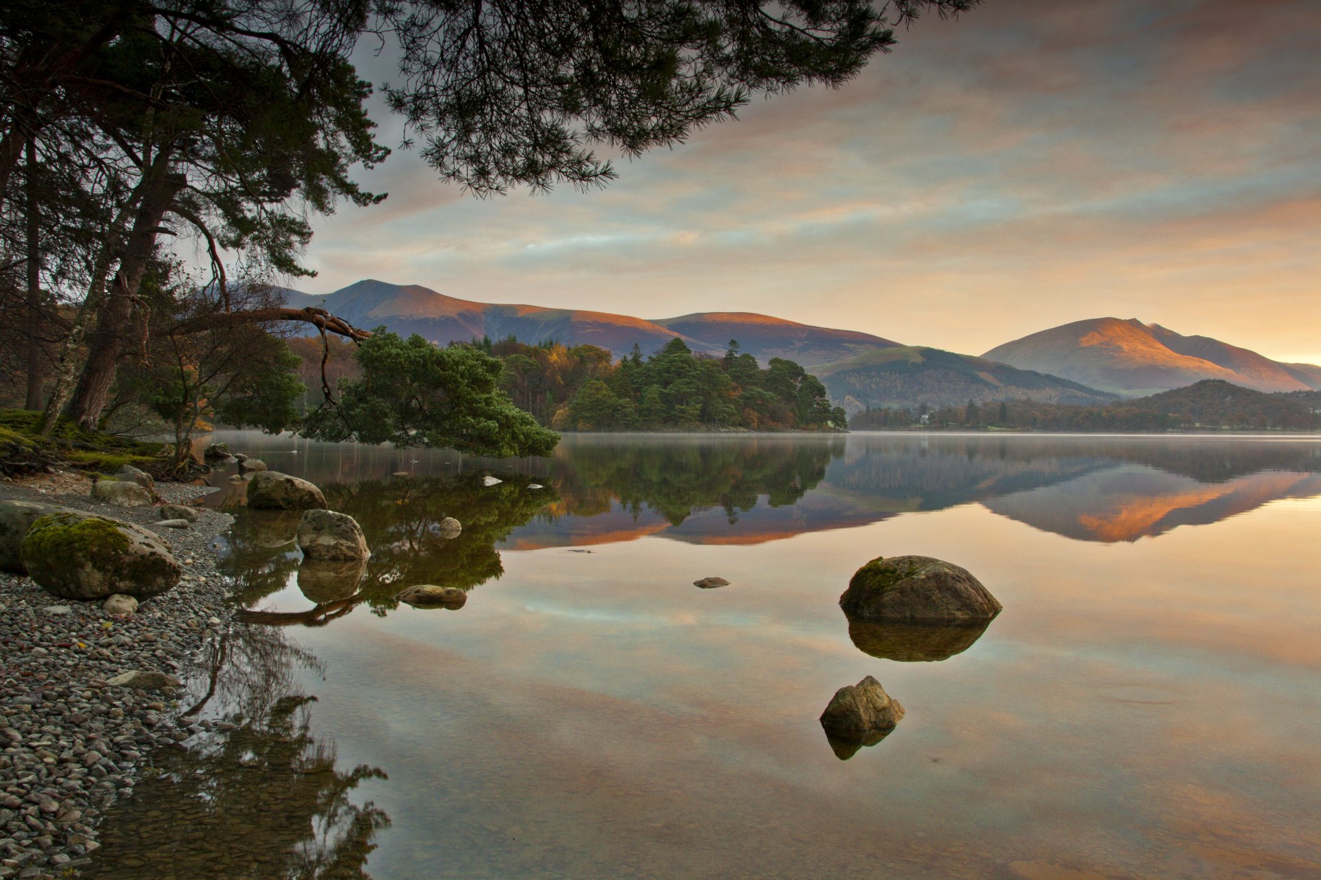 hills forest lake reflection morning