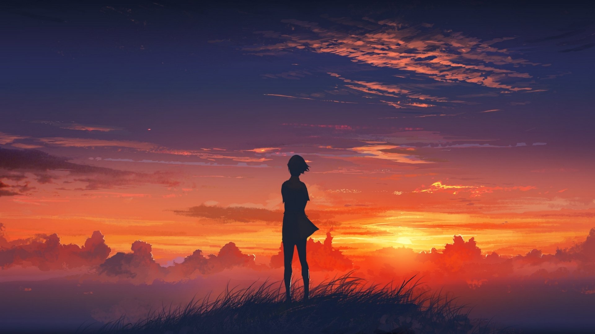 girl sunset grass mountain clouds sky beautiful art