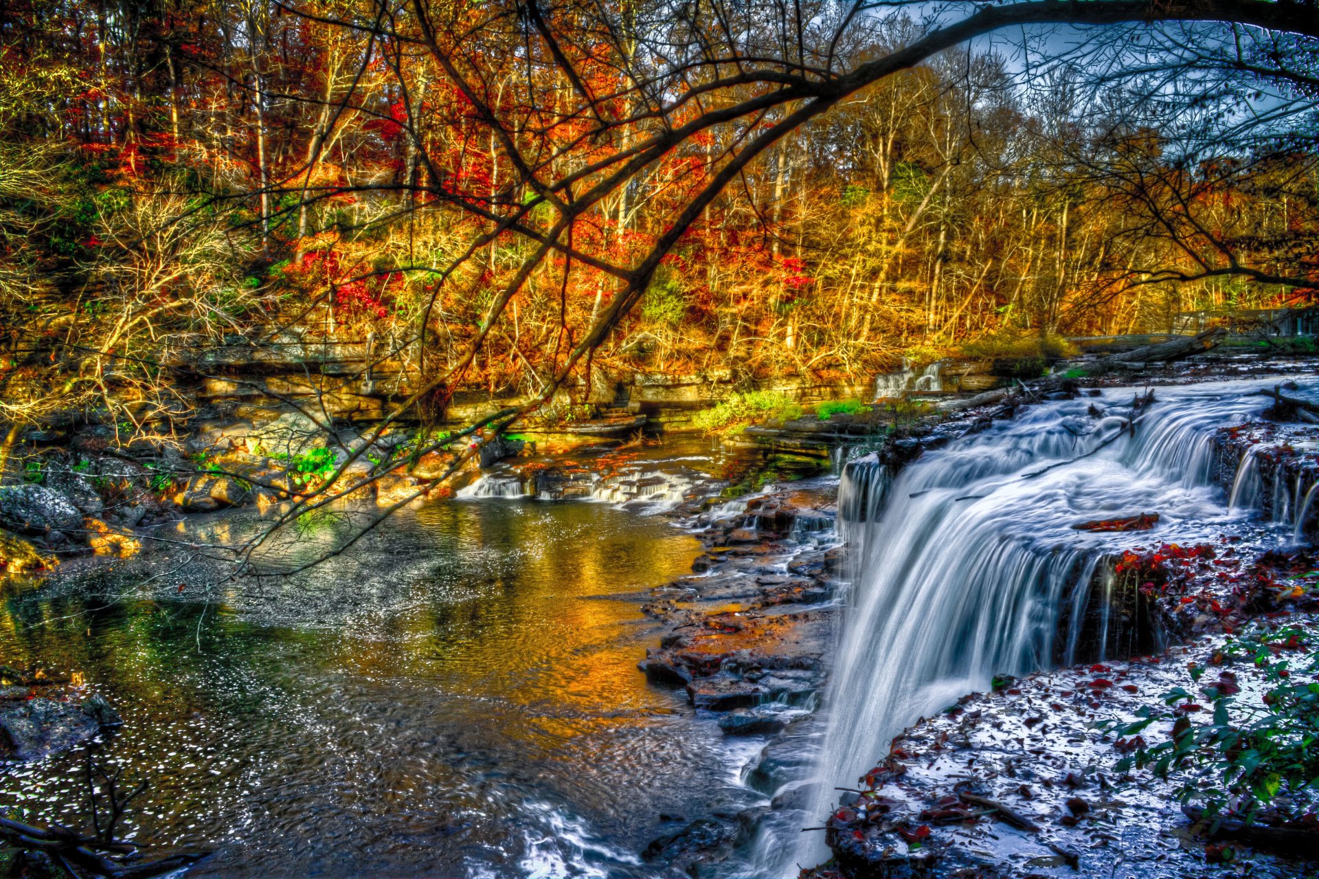 rivière falaises pierres cascade forêt arbres jaune-rouge-vert feuillage automne