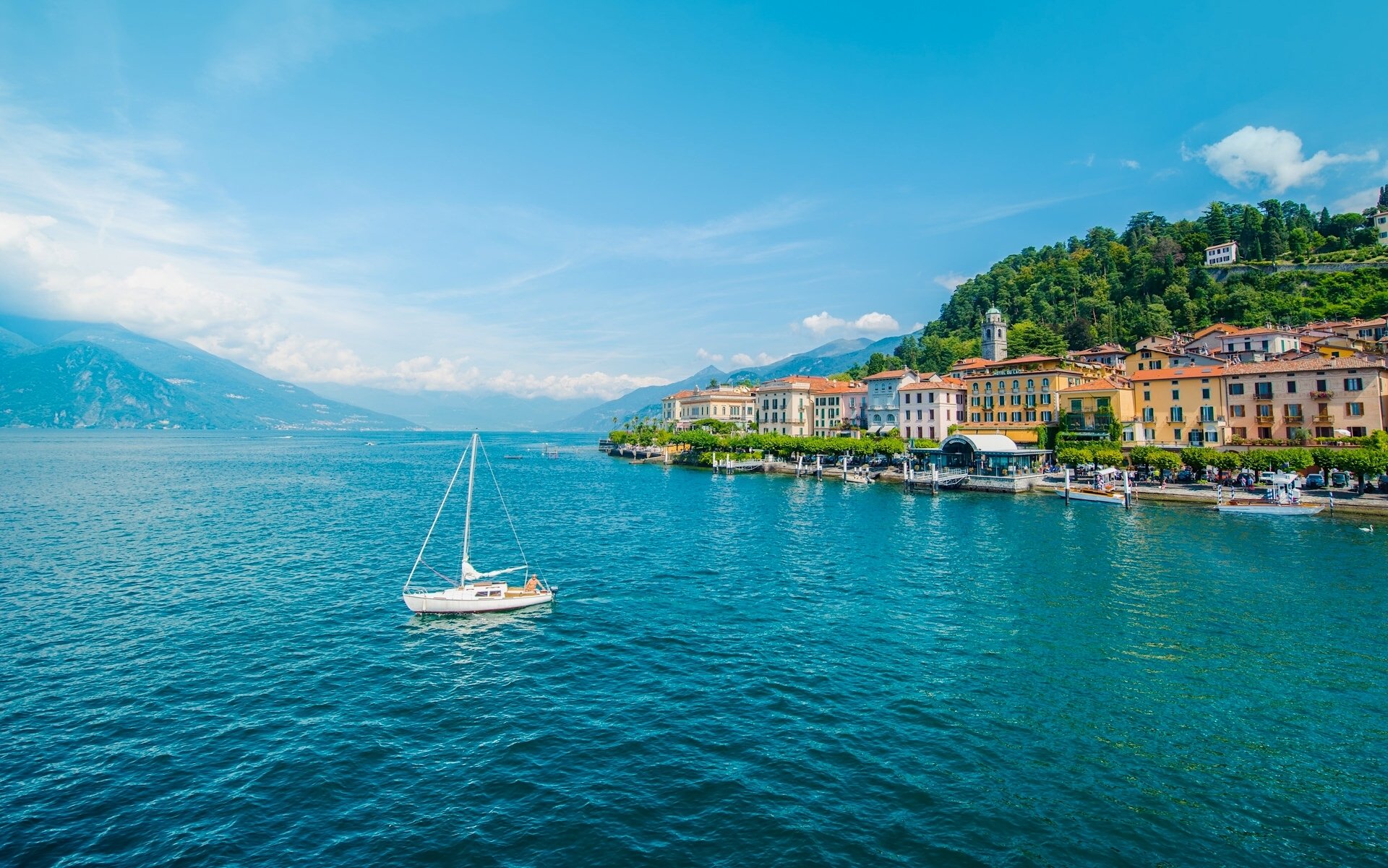 bellagio lombardy italy lake como bellagio lake mountains yacht buildings embankment