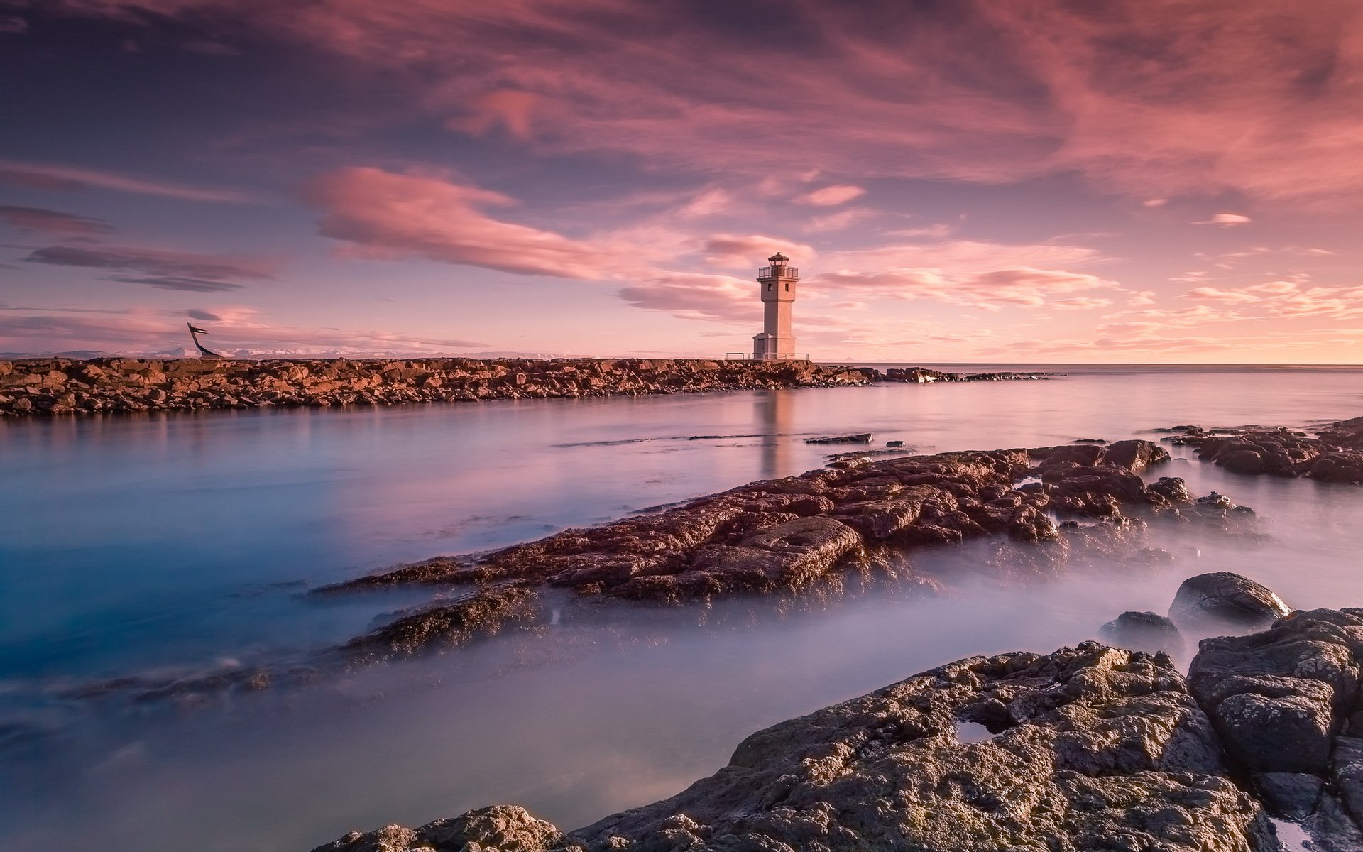 mar faro puesta de sol paisaje