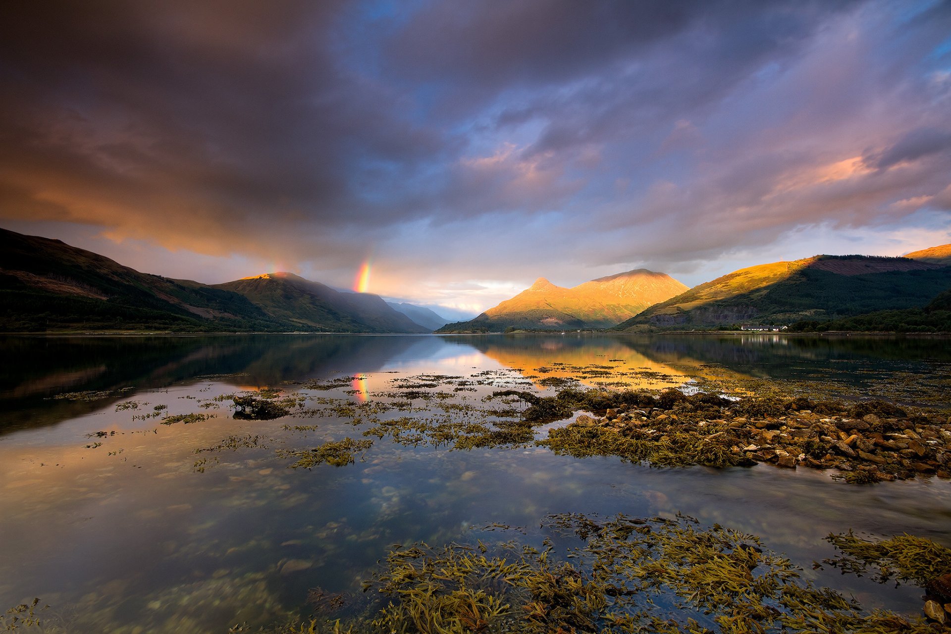 scozia loch leven montagne nuvole nuvole arcobaleno