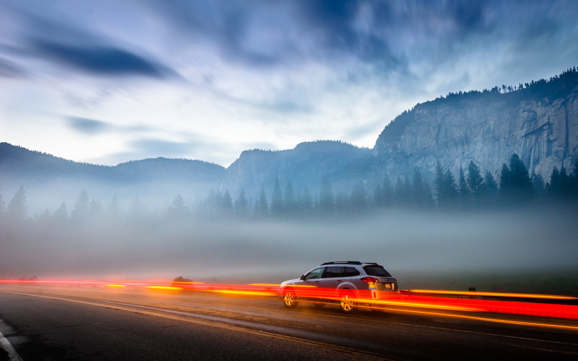 yosemite parco nazionale montagne strada luci auto natura