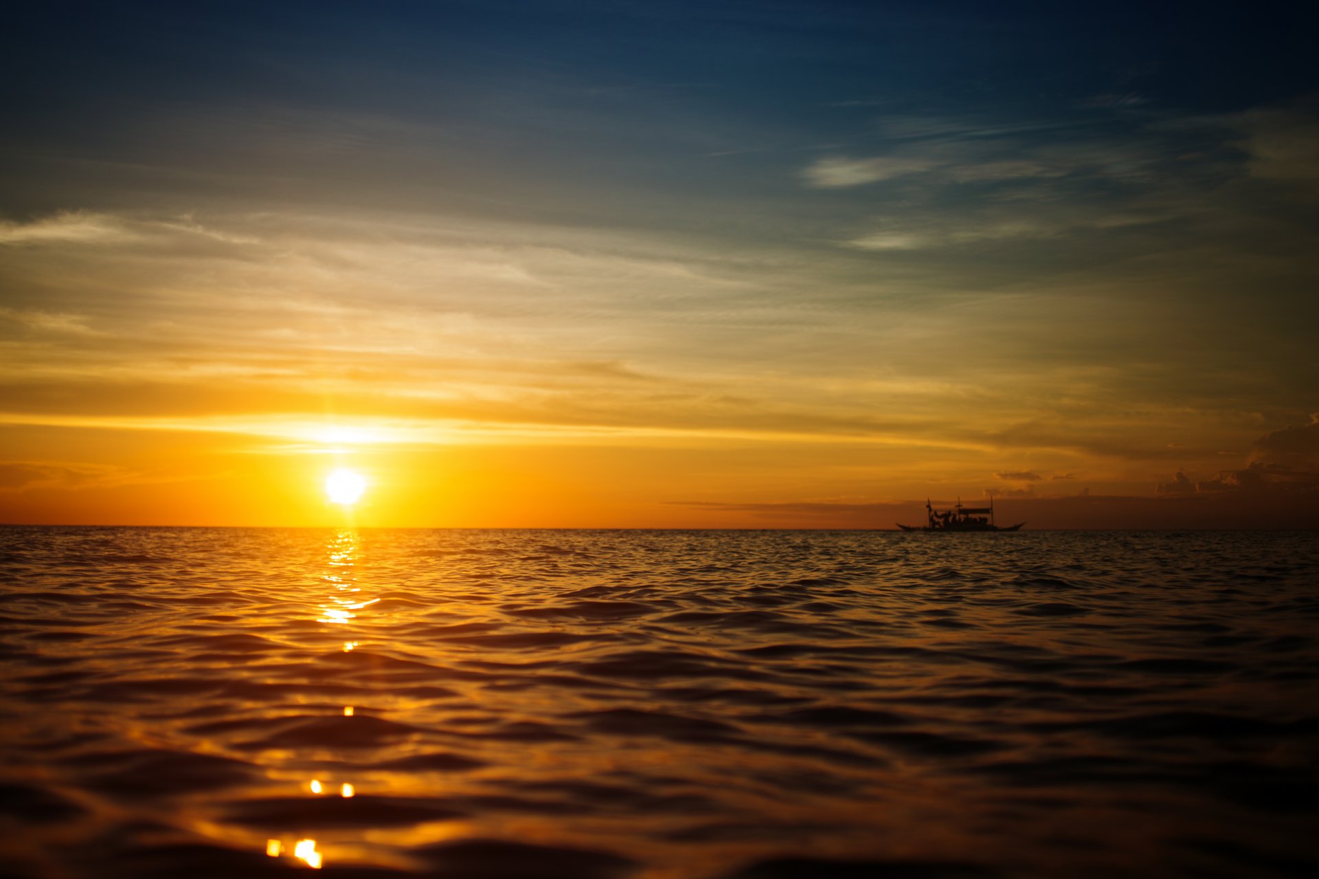 unset sea boat nature landscape beautiful scene sky sunbeams sun ray