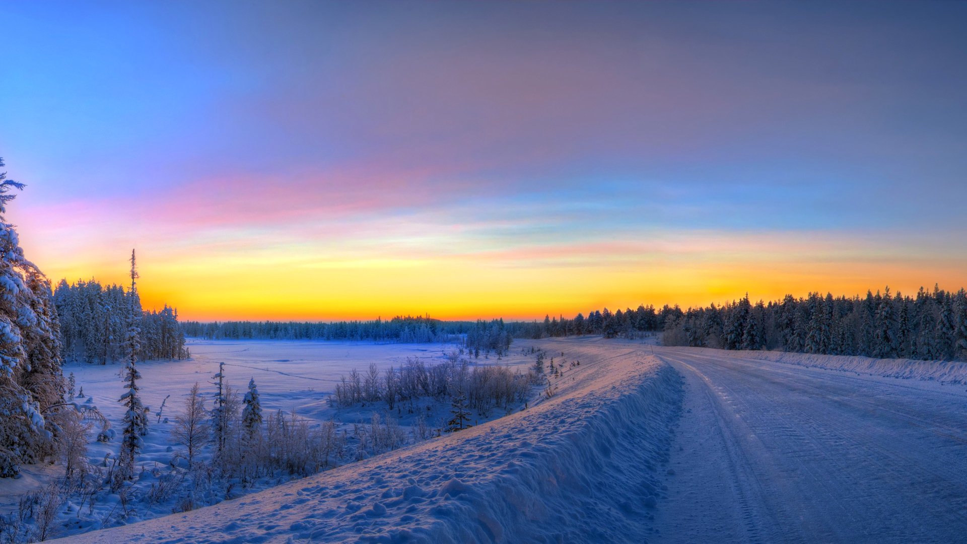 ciel coucher de soleil hiver route neige arbres sapin hdr