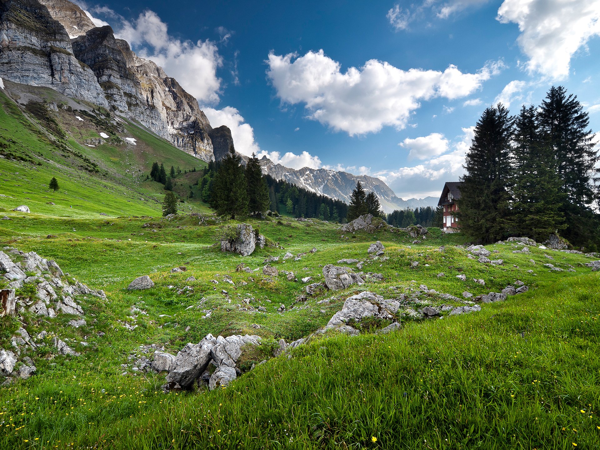 alps sky mountain border area house tree stone