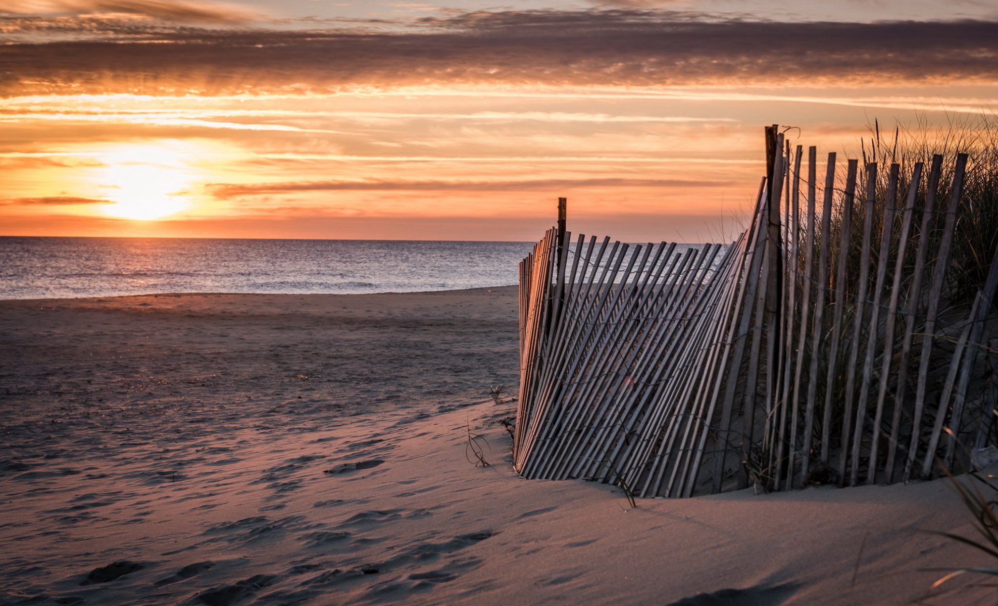 sonnenuntergang meer zaun strand landschaft