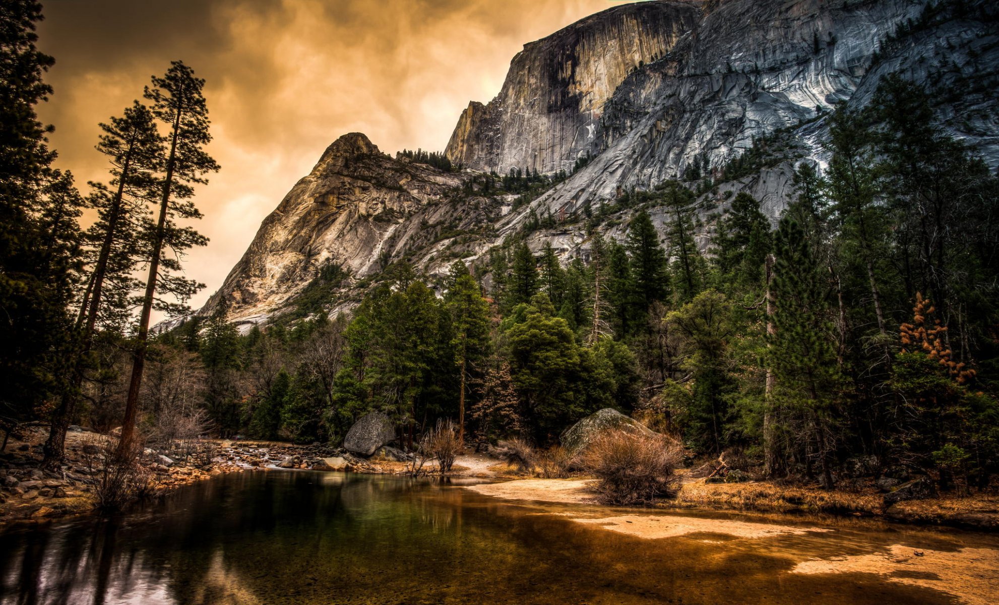 kalifornien yosemite nationalpark felsen bäume fluss natur