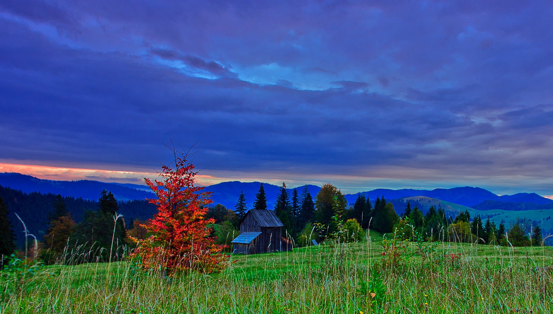 hdr rumänien himmel wolken wolken abend hang berge bäume herbst natur