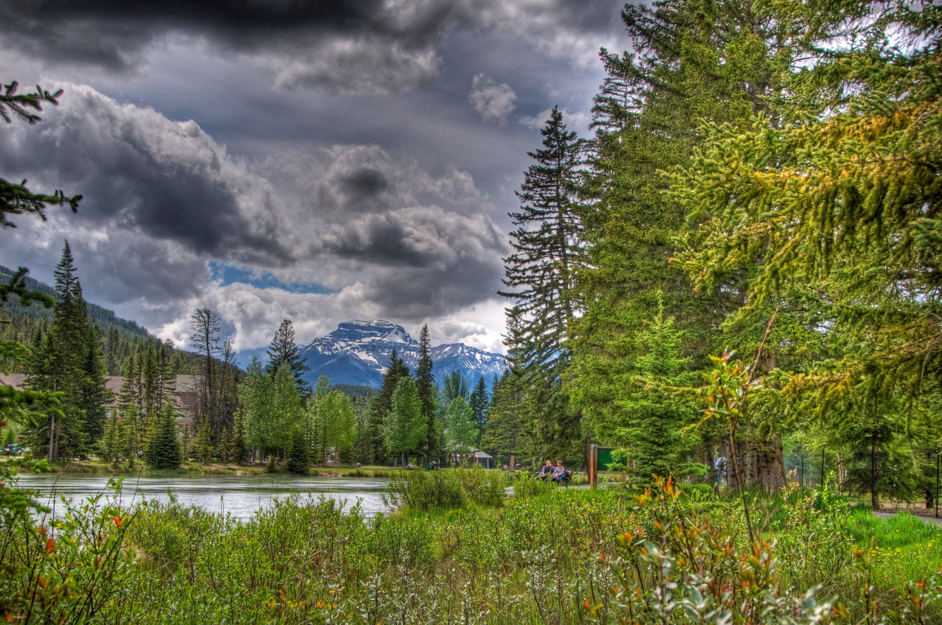 alberta kanada niebo chmury park drzewa góry ludzie jezioro kwiaty