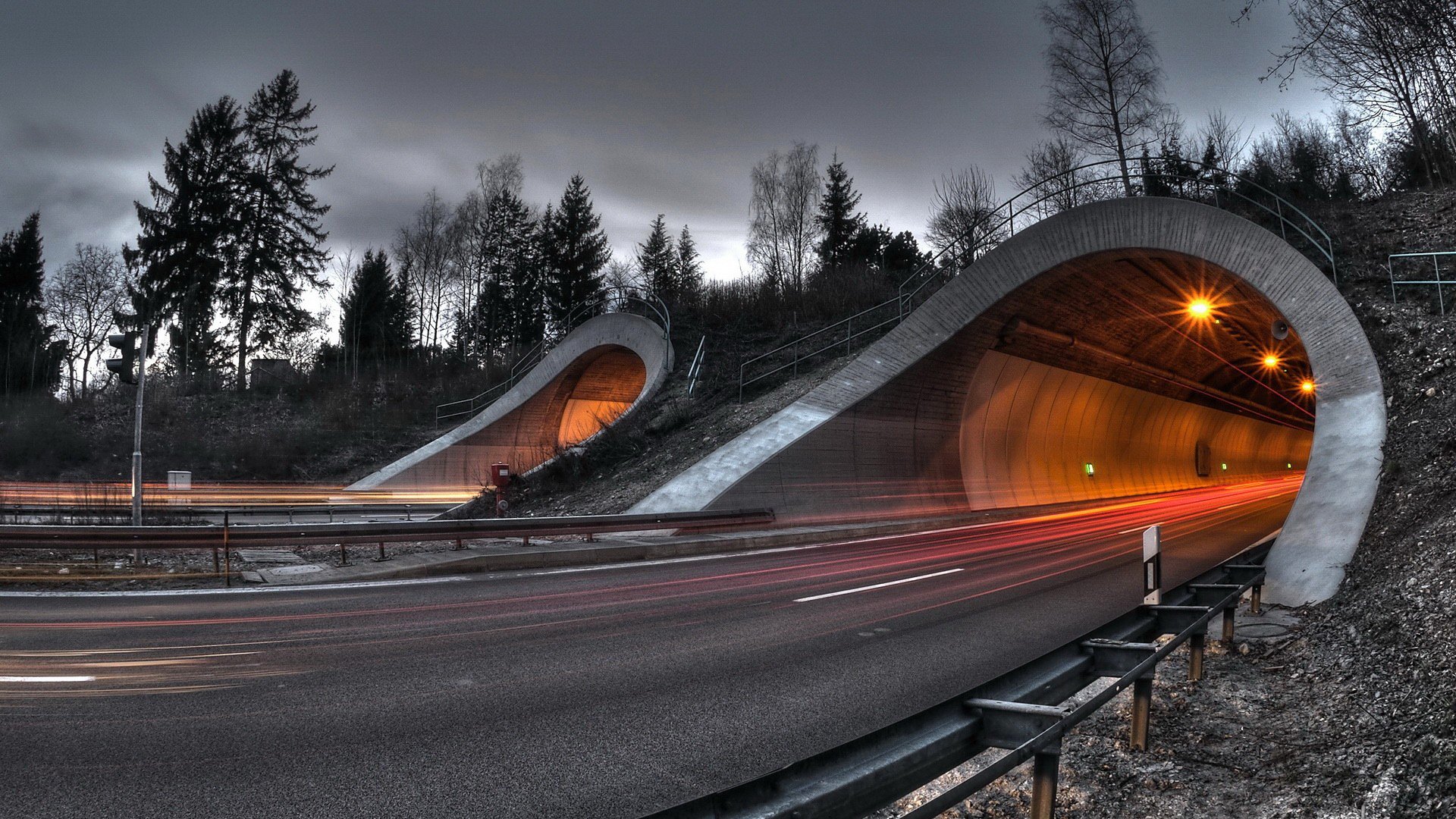 himmel wolken bäume tunnel abend licht straße berge autobahn