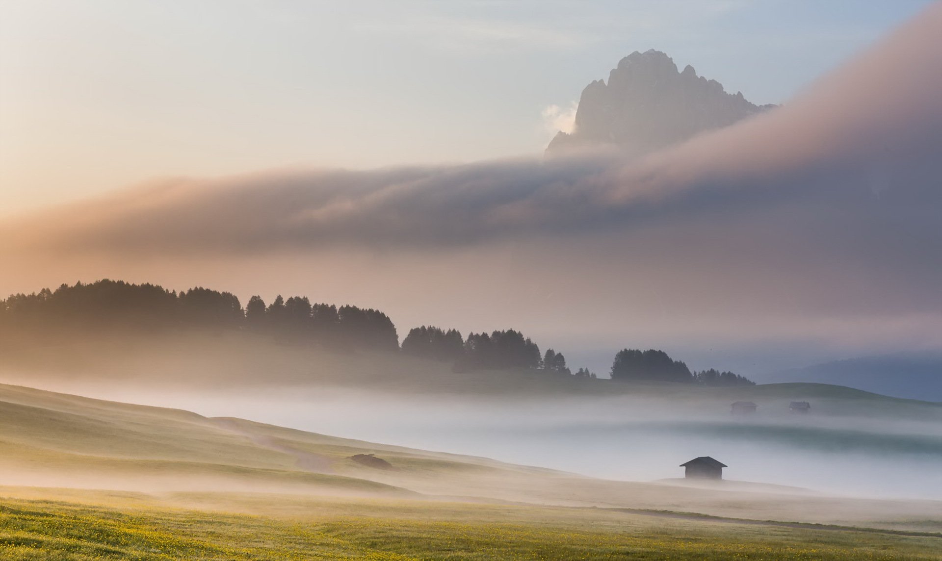 fog morning mountain landscape alpe di siussi dolomites italy