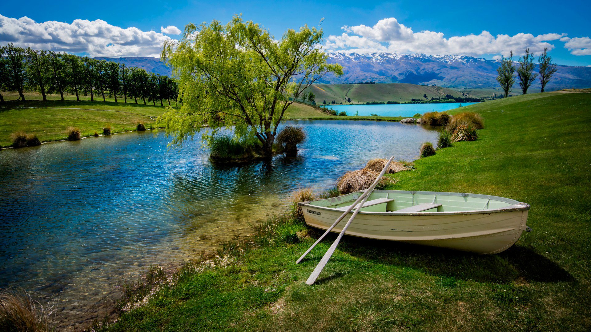 cielo nubes lago estanque cascada árbol barco