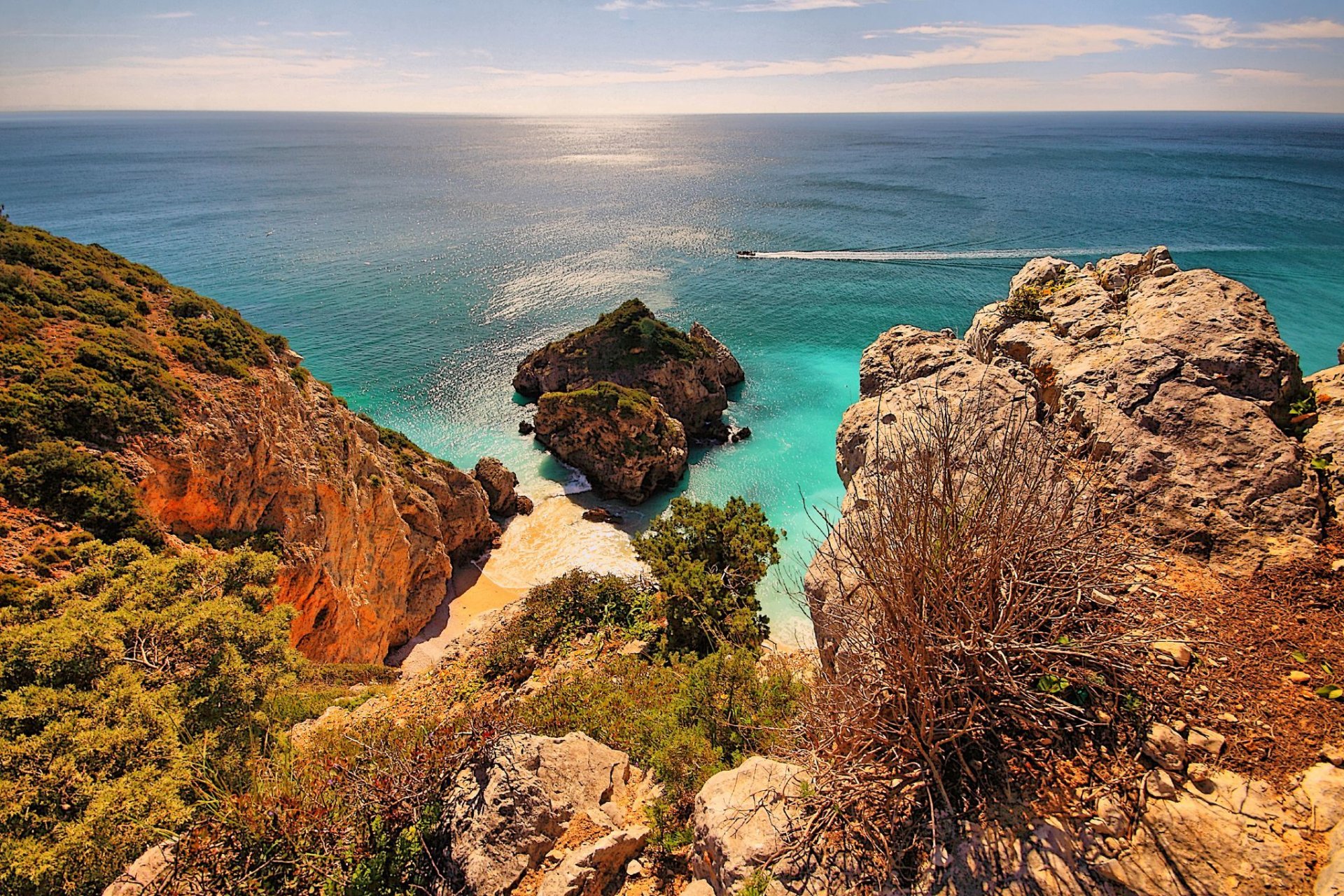 cielo mare barca barca rocce montagne orizzonte