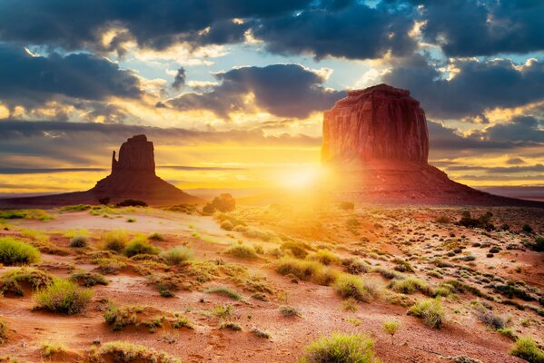 Geological formation in the desert in sunlight