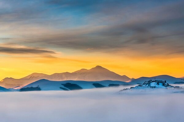 Landschaft Morgendämmerung, Berge, Schnee Morgen zu Hause