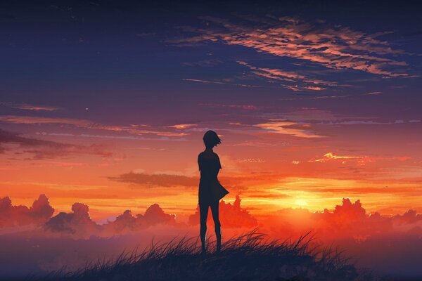 Futuristic sunset silhouette of a girl on a hill