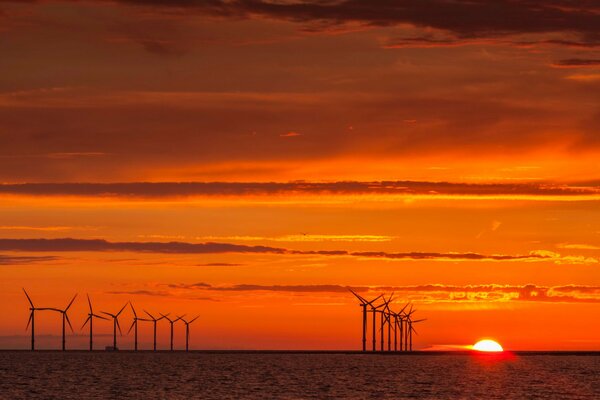 Molinos de viento en la puesta de sol naranja