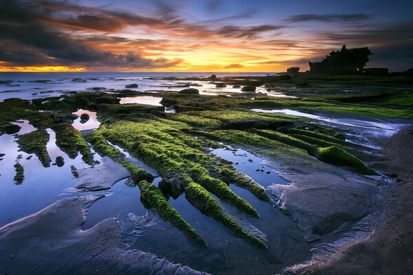 Puesta de sol en la costa de Indonesia